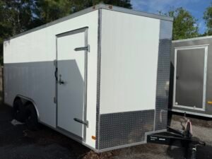 8.5’x16′ ALL WORLD Enclosed White w/silver trim